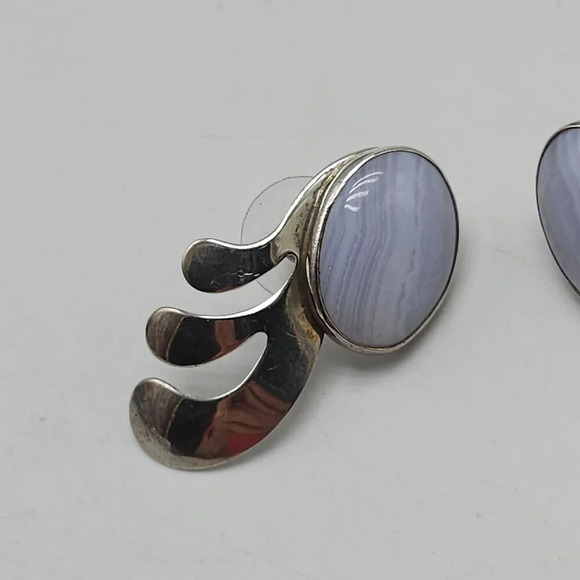 Vintage Sterling Silver Blue Lace Agate Feather Earrings RHG Modernist Design - Picture 2 of 6